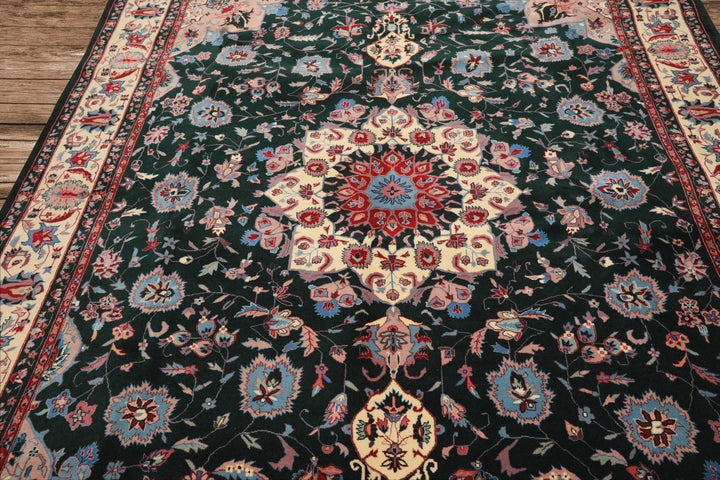 8x10 Dark Green, Ivory, Red Color Hand Knotted Tabriz New Zealand Wool Traditional Oriental Rug