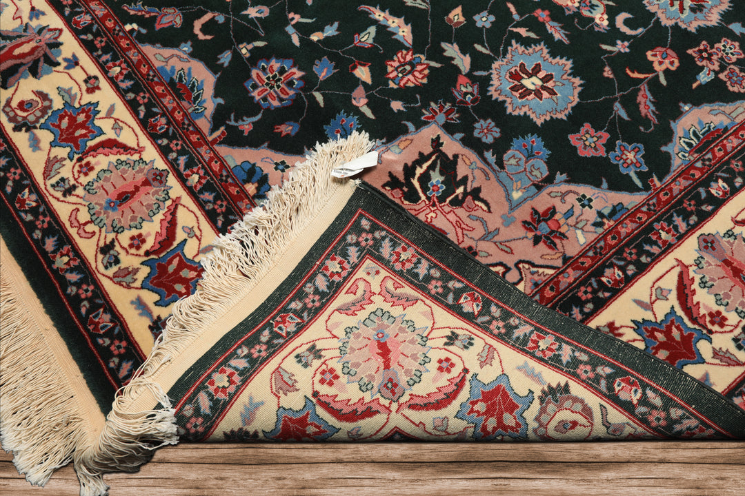 8x10 Dark Green, Ivory, Red Color Hand Knotted Tabriz New Zealand Wool Traditional Oriental Rug