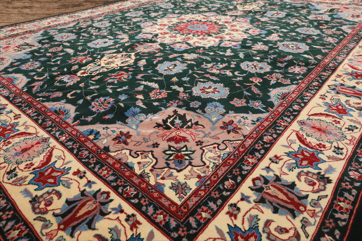 8x10 Dark Green, Ivory, Red Color Hand Knotted Tabriz New Zealand Wool Traditional Oriental Rug