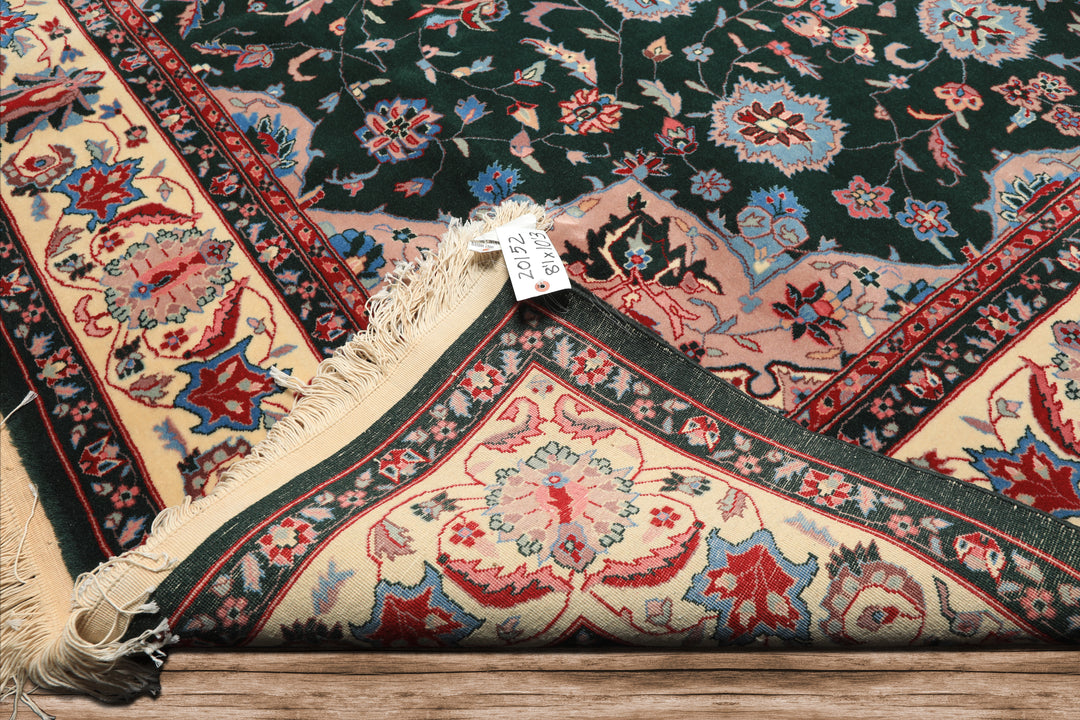 8x10 Dark Green, Ivory, Red Color Hand Knotted Tabriz New Zealand Wool Traditional Oriental Rug