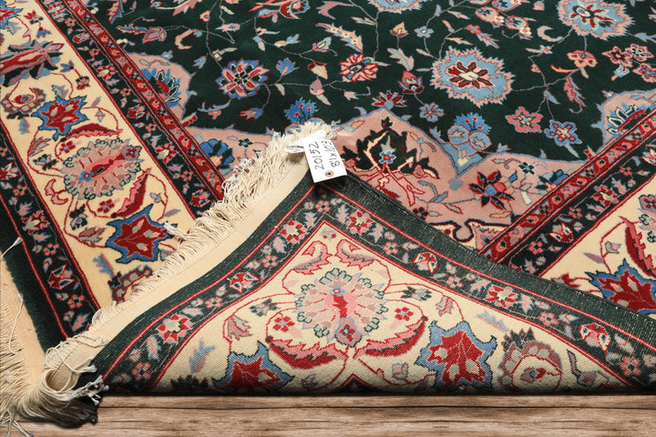 8x10 Dark Green, Ivory, Red Color Hand Knotted Tabriz New Zealand Wool Traditional Oriental Rug