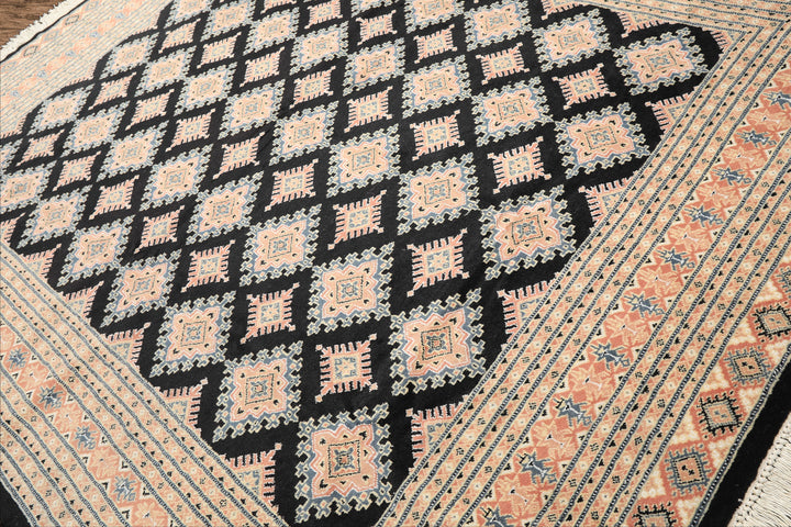 8x10 Black, Peach, Ivory Color Hand Knotted Bokhara Wool Traditional Oriental Rug