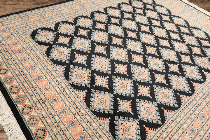 8x10 Black, Peach, Ivory Color Hand Knotted Bokhara Wool Traditional Oriental Rug