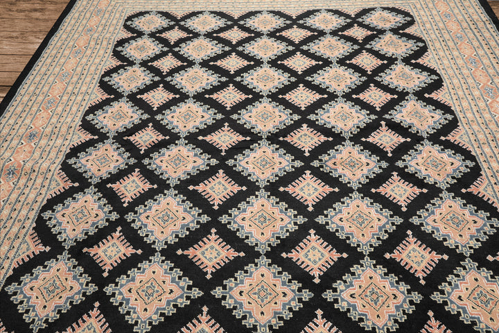 8x10 Black, Peach, Ivory Color Hand Knotted Bokhara Wool Traditional Oriental Rug