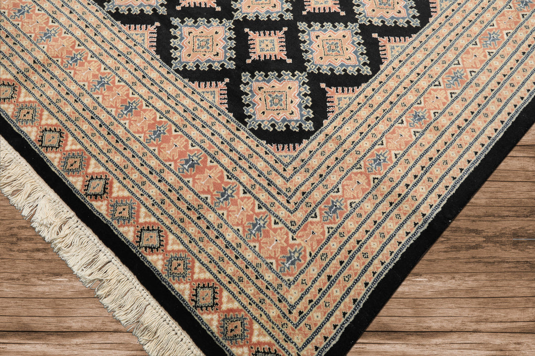 8x10 Black, Peach, Ivory Color Hand Knotted Bokhara Wool Traditional Oriental Rug