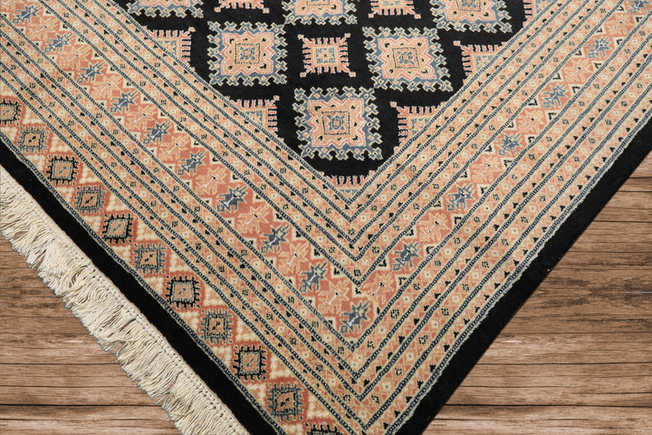 8x10 Black, Peach, Ivory Color Hand Knotted Bokhara Wool Traditional Oriental Rug