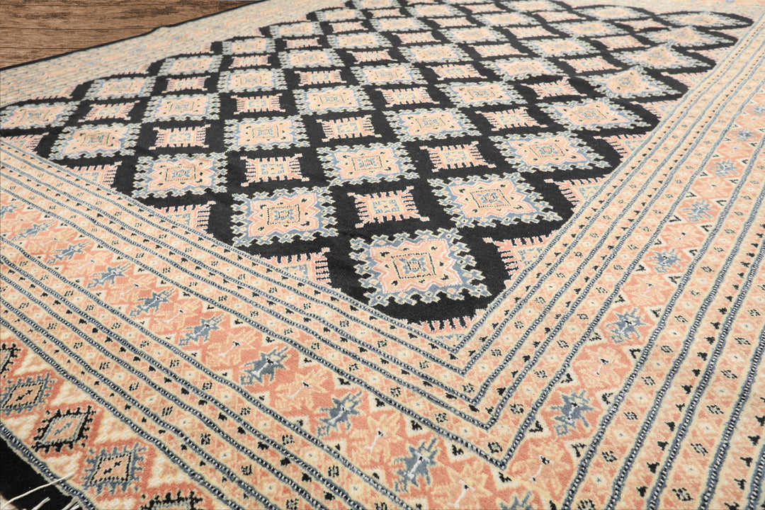 8x10 Black, Peach, Ivory Color Hand Knotted Bokhara Wool Traditional Oriental Rug