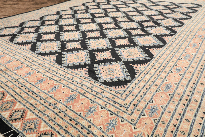 8x10 Black, Peach, Ivory Color Hand Knotted Bokhara Wool Traditional Oriental Rug