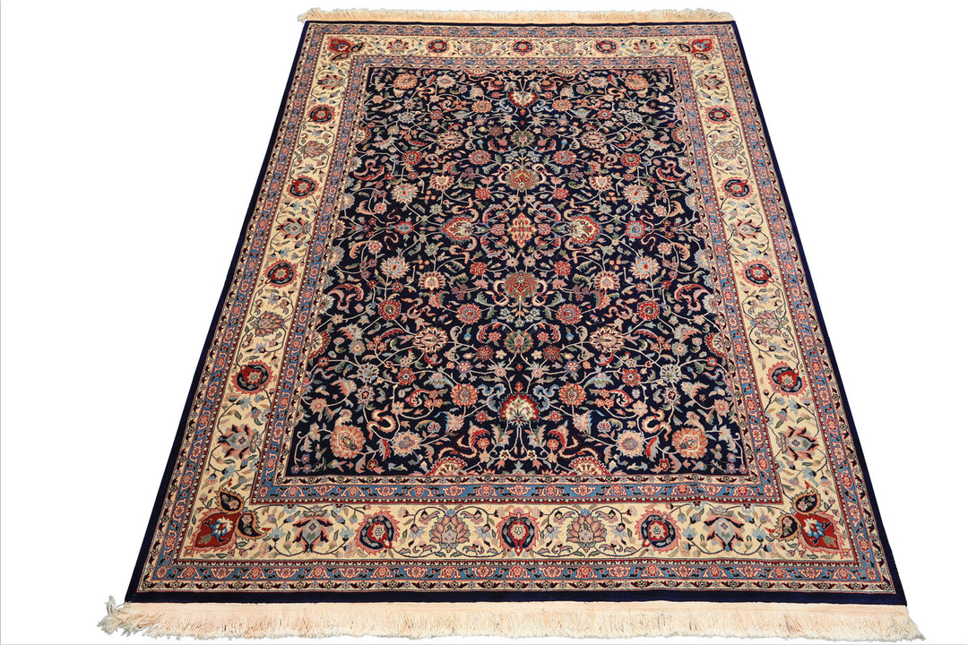 8x10 Navy, Ivory, Red Color Hand Knotted Kashan NZ Wool Traditional Oriental Rug