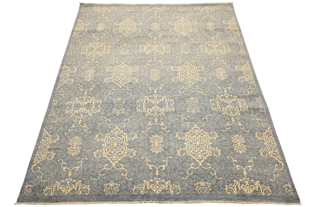 8x10 Gray, Ivory, Color Hand Knotted Peshawar Wool Transitional Oriental Rug