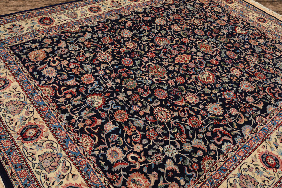 8x10 Navy, Ivory, Red Color Hand Knotted Kashan NZ Wool Traditional Oriental Rug