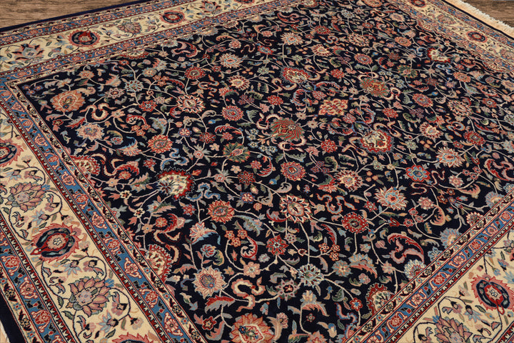 8x10 Navy, Ivory, Red Color Hand Knotted Kashan NZ Wool Traditional Oriental Rug