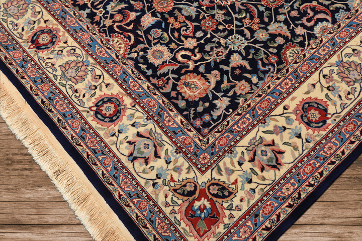 8x10 Navy, Ivory, Red Color Hand Knotted Kashan NZ Wool Traditional Oriental Rug