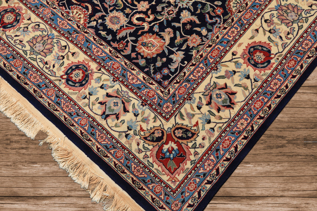 8x10 Navy, Ivory, Red Color Hand Knotted Kashan NZ Wool Traditional Oriental Rug