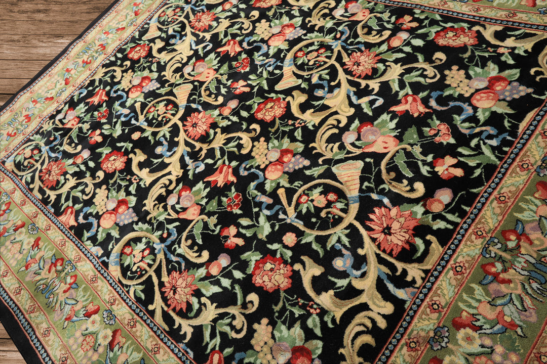 8x10 Black, Mint, Beige Color Hand Knotted French Aubusson Savonnerie Wool Traditional Oriental Rug