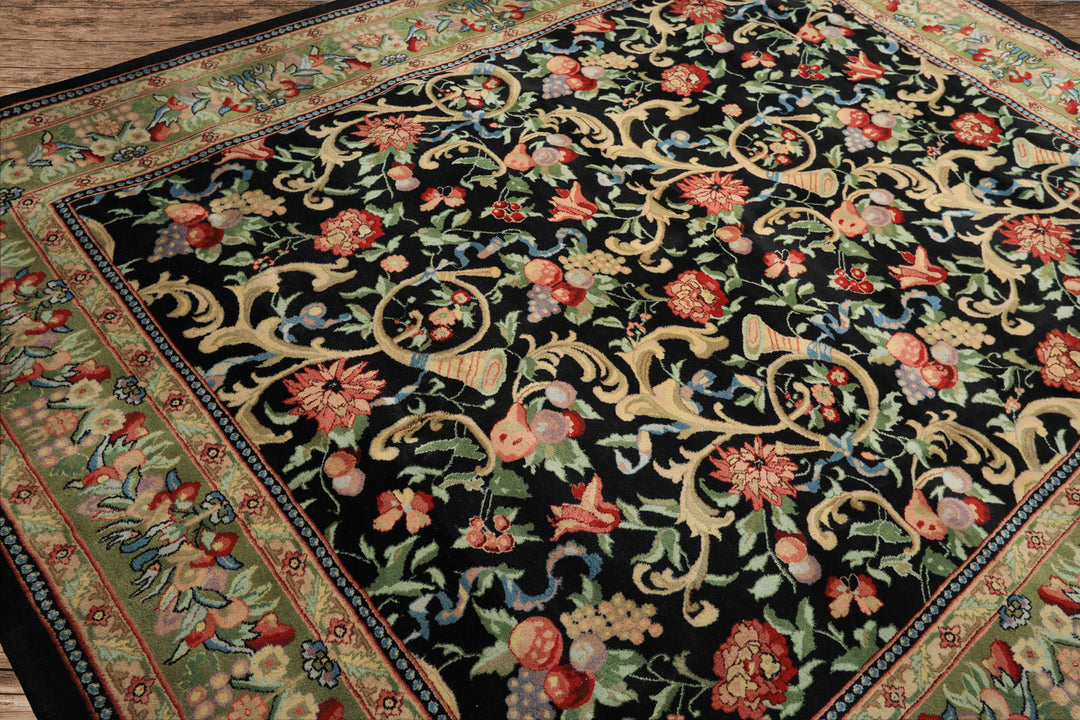 8x10 Black, Mint, Beige Color Hand Knotted French Aubusson Savonnerie Wool Traditional Oriental Rug