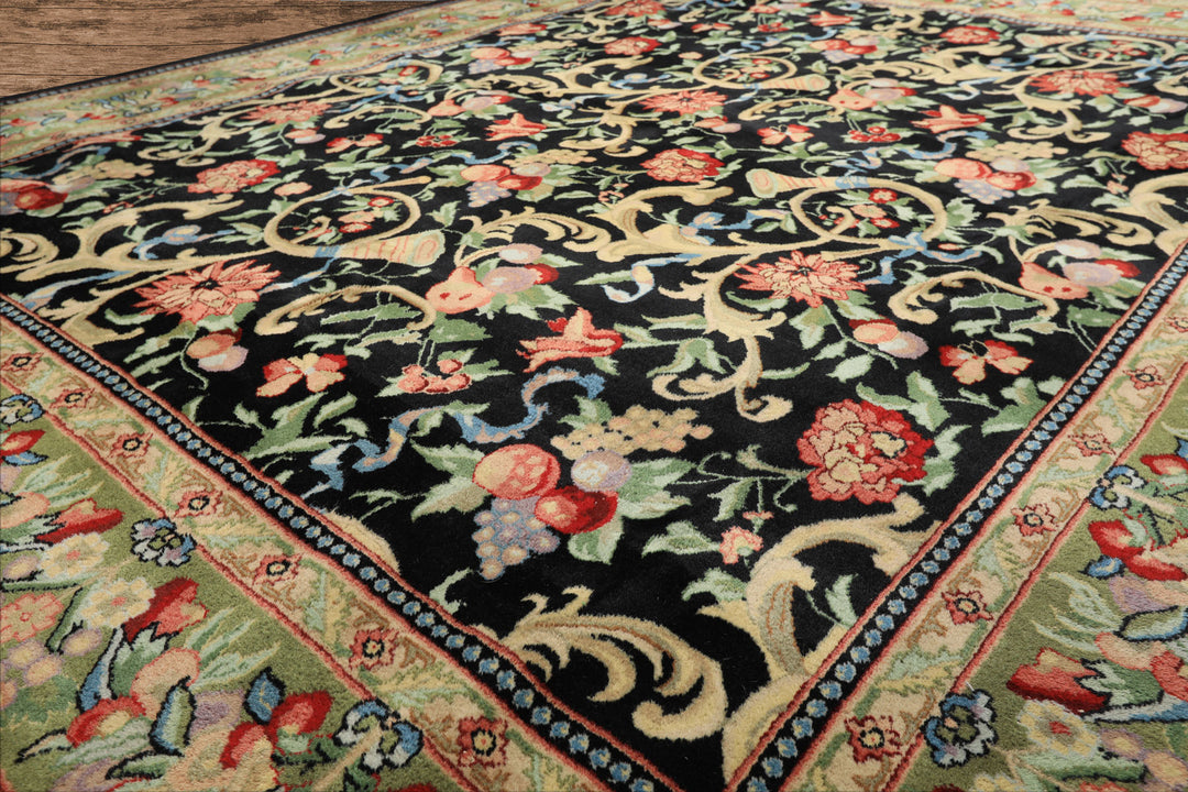 8x10 Black, Mint, Beige Color Hand Knotted French Aubusson Savonnerie Wool Traditional Oriental Rug