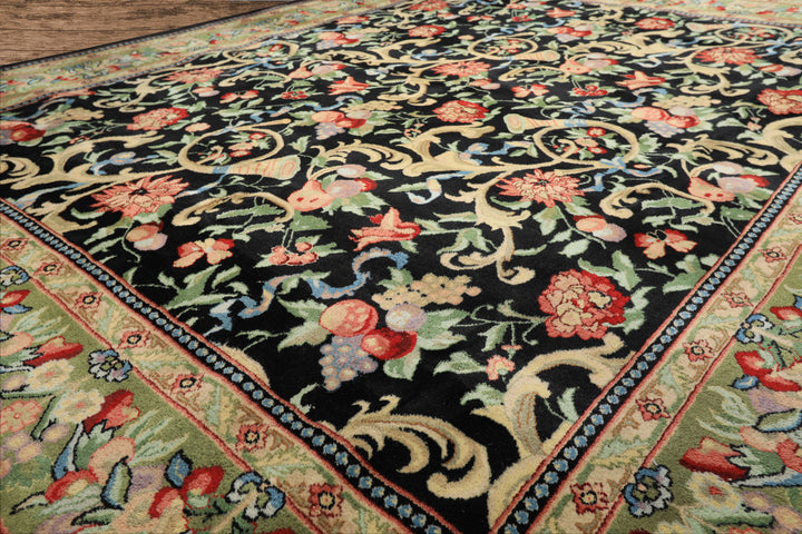 8x10 Black, Mint, Beige Color Hand Knotted French Aubusson Savonnerie Wool Traditional Oriental Rug