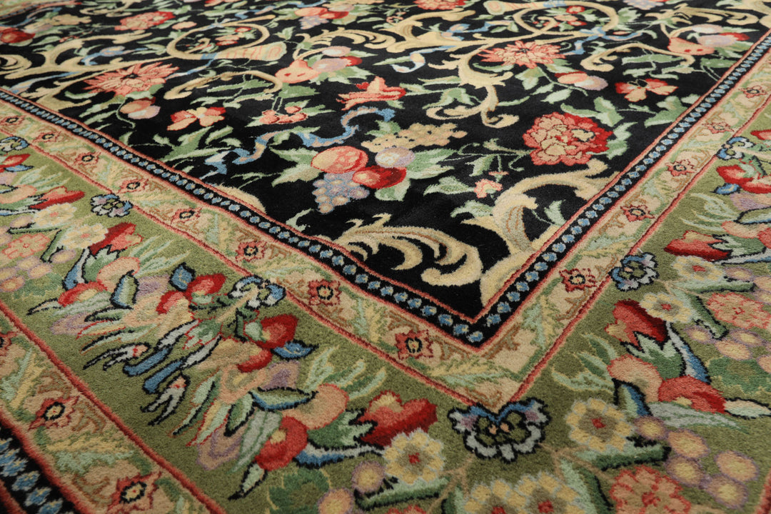 8x10 Black, Mint, Beige Color Hand Knotted French Aubusson Savonnerie Wool Traditional Oriental Rug