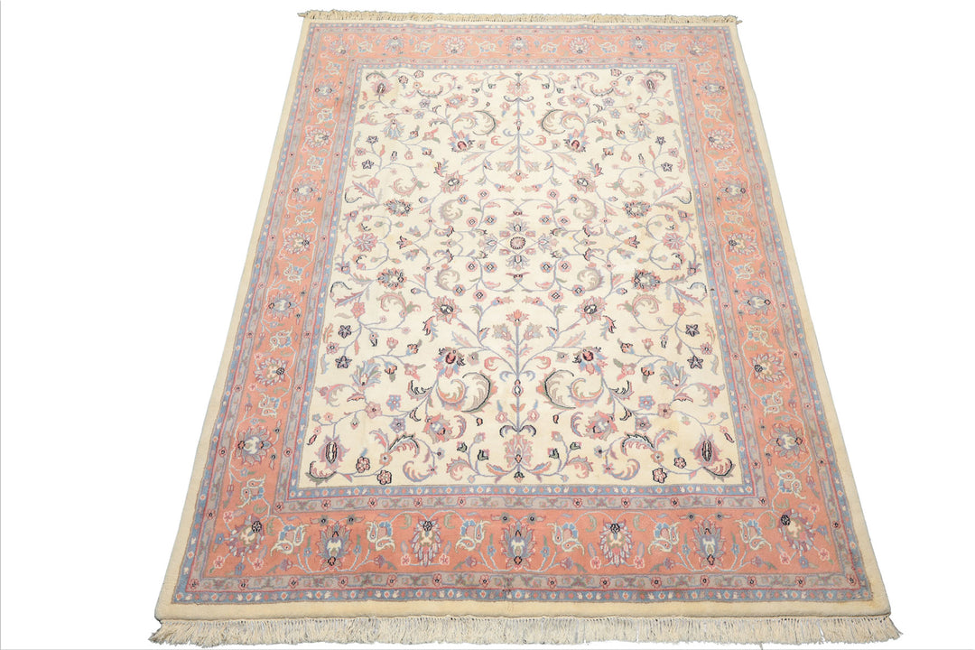 8x10 Ivory, Blush, Blue Color Hand Knotted Kashan Wool Traditional Oriental Rug