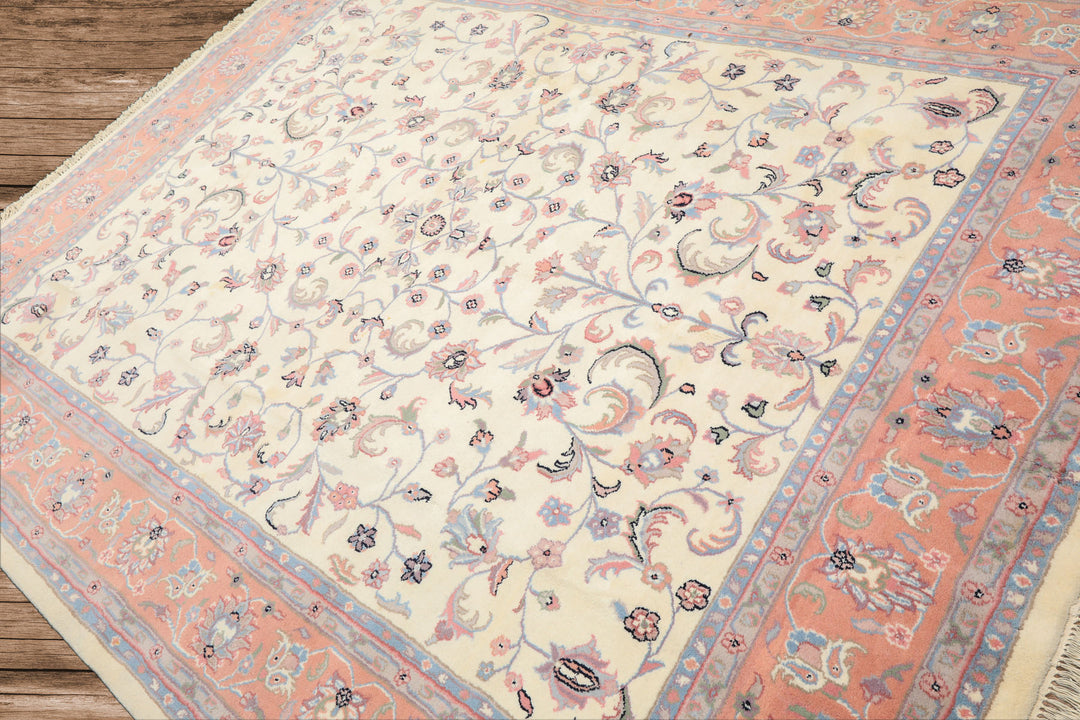 8x10 Ivory, Blush, Blue Color Hand Knotted Kashan Wool Traditional Oriental Rug
