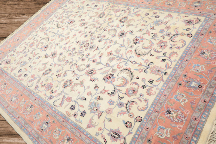 8x10 Ivory, Blush, Blue Color Hand Knotted Kashan Wool Traditional Oriental Rug