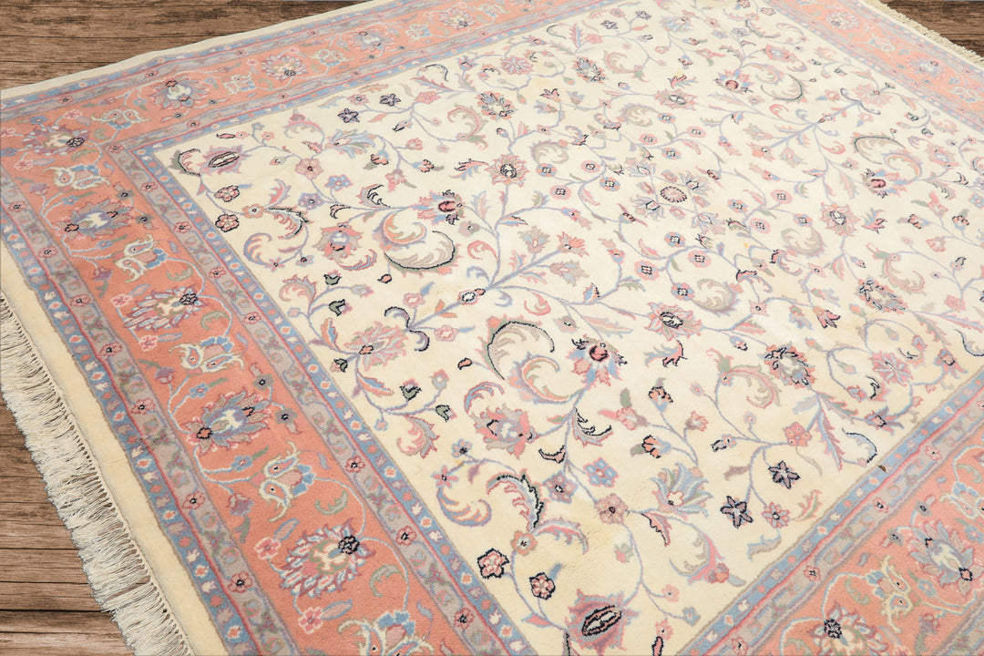 8x10 Ivory, Blush, Blue Color Hand Knotted Kashan Wool Traditional Oriental Rug