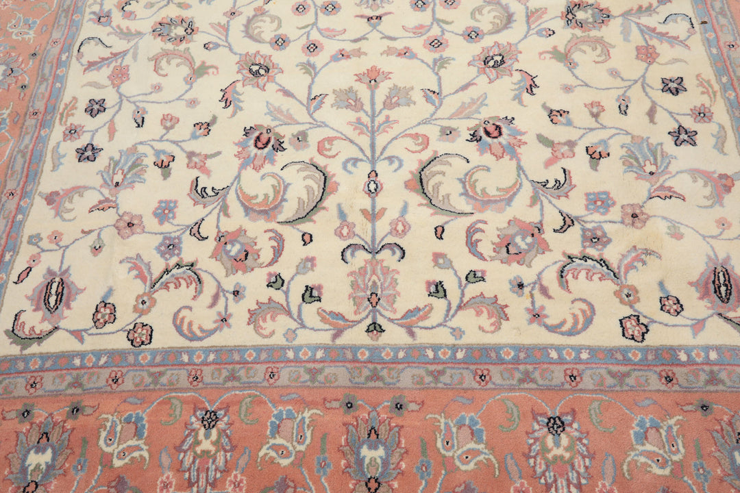 8x10 Ivory, Blush, Blue Color Hand Knotted Kashan Wool Traditional Oriental Rug