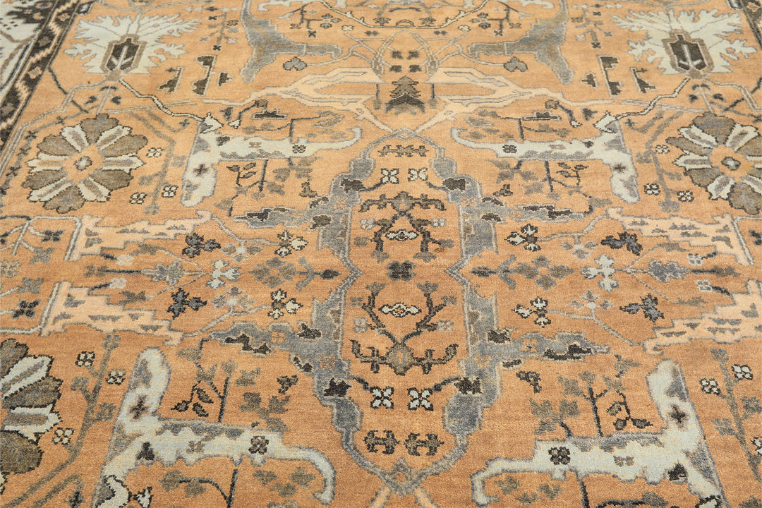 8x10 Peach, Blue, Charcoal Color Hand Knotted Oushak Wool Transitional Oriental Rug