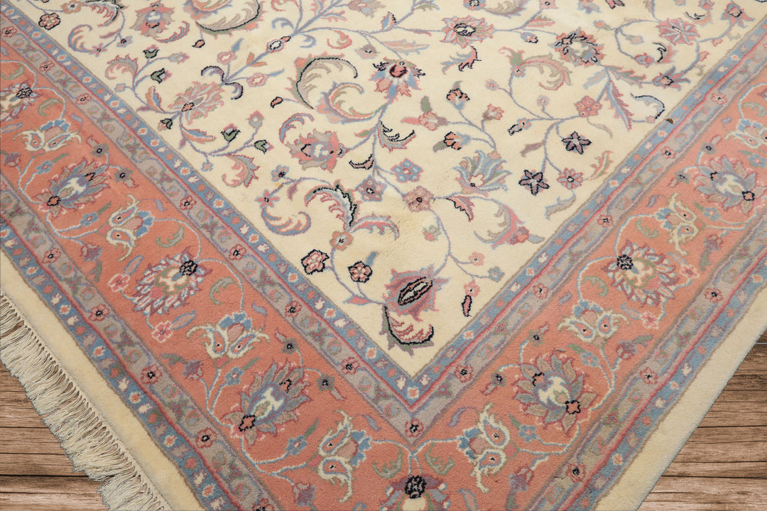 8x10 Ivory, Blush, Blue Color Hand Knotted Kashan Wool Traditional Oriental Rug