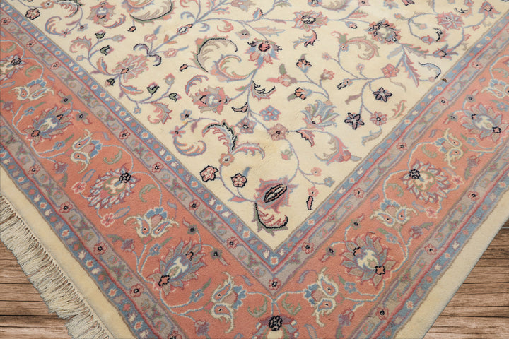 8x10 Ivory, Blush, Blue Color Hand Knotted Kashan Wool Traditional Oriental Rug