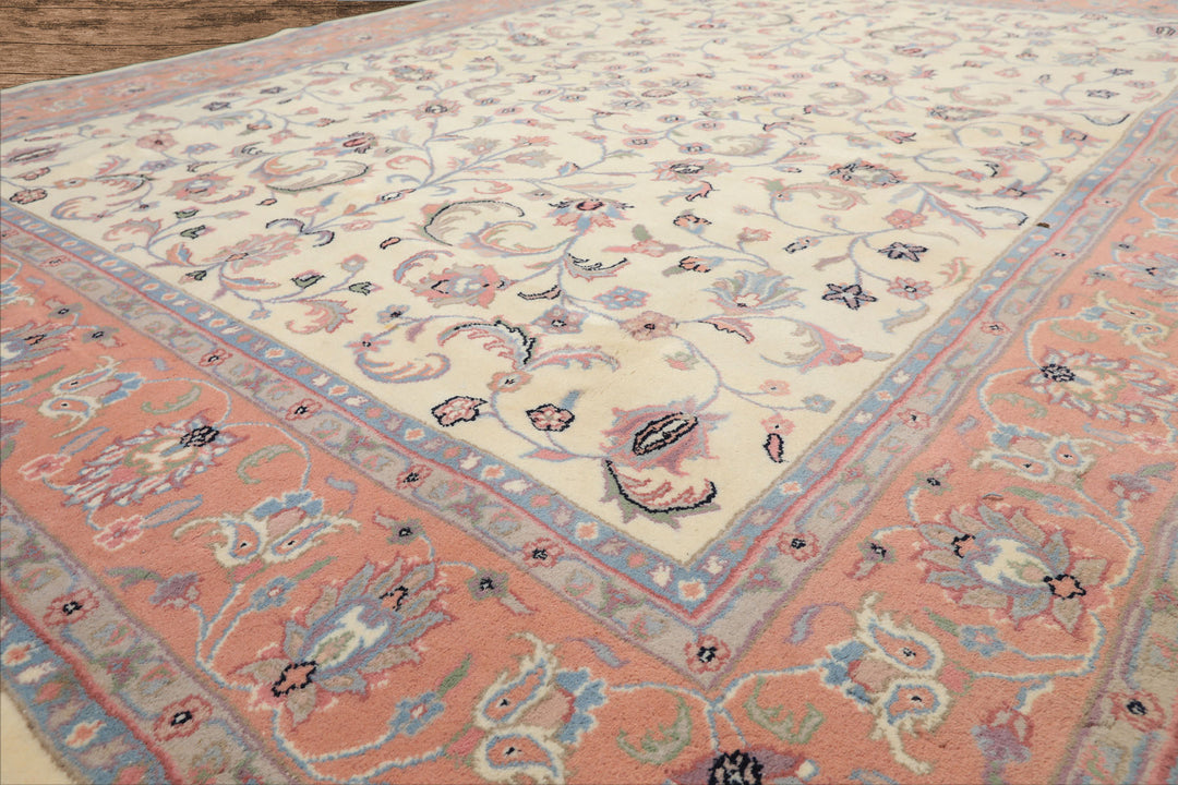 8x10 Ivory, Blush, Blue Color Hand Knotted Kashan Wool Traditional Oriental Rug