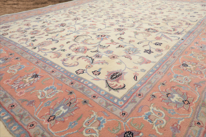 8x10 Ivory, Blush, Blue Color Hand Knotted Kashan Wool Traditional Oriental Rug