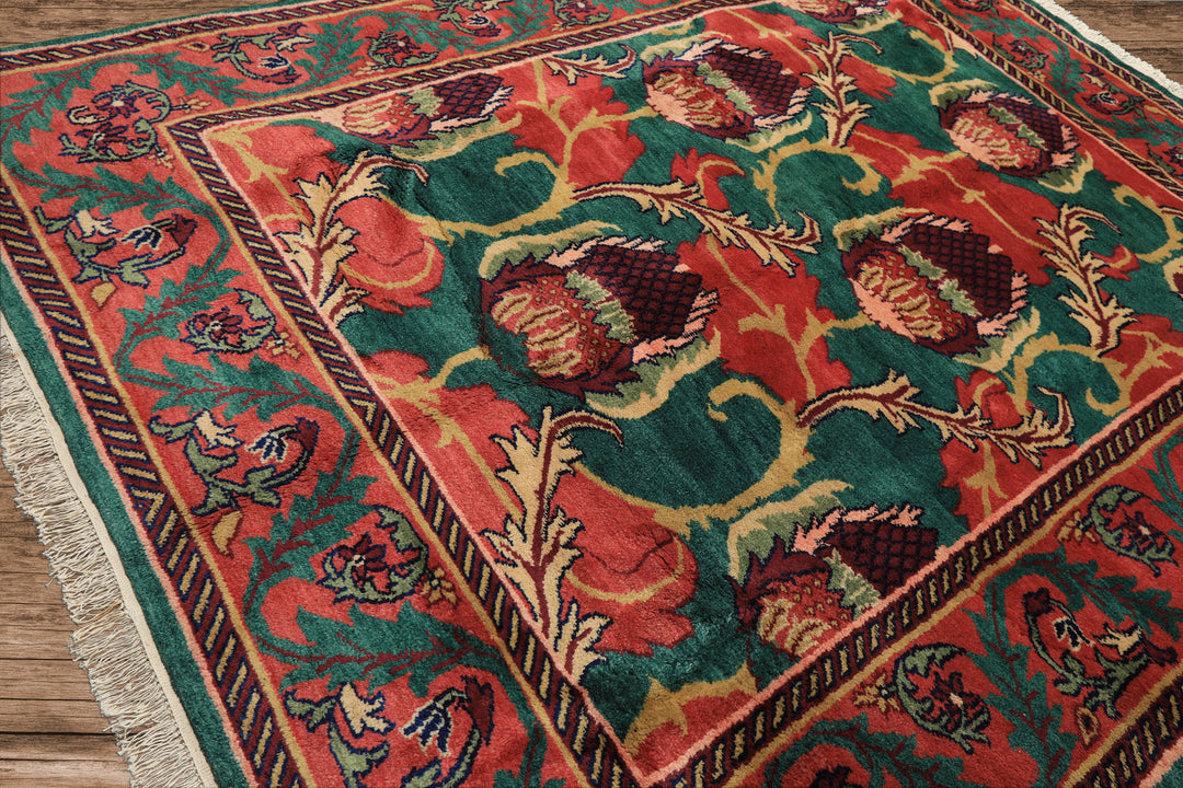 8x10 Teal-Green, Raspberry-Rose, Gold Color Hand Knotted Arts & Crafts Wool Eclectic Oriental Rug