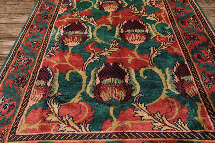 8x10 Teal-Green, Raspberry-Rose, Gold Color Hand Knotted Arts & Crafts Wool Eclectic Oriental Rug