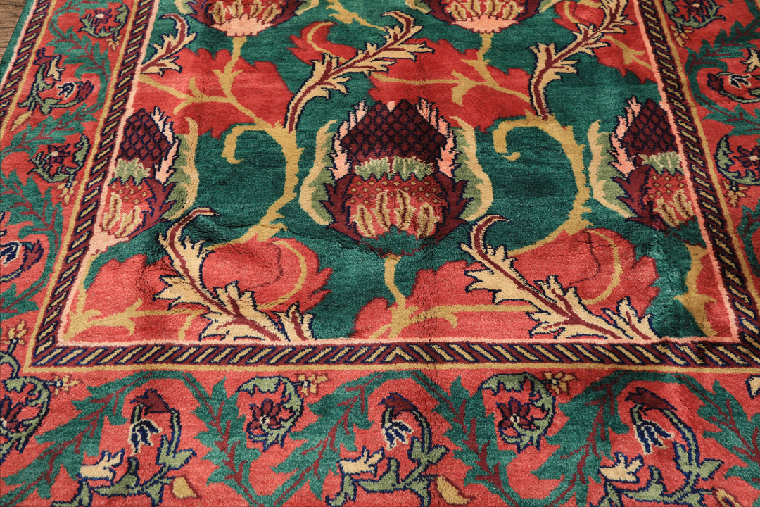 8x10 Teal-Green, Raspberry-Rose, Gold Color Hand Knotted Arts & Crafts Wool Eclectic Oriental Rug
