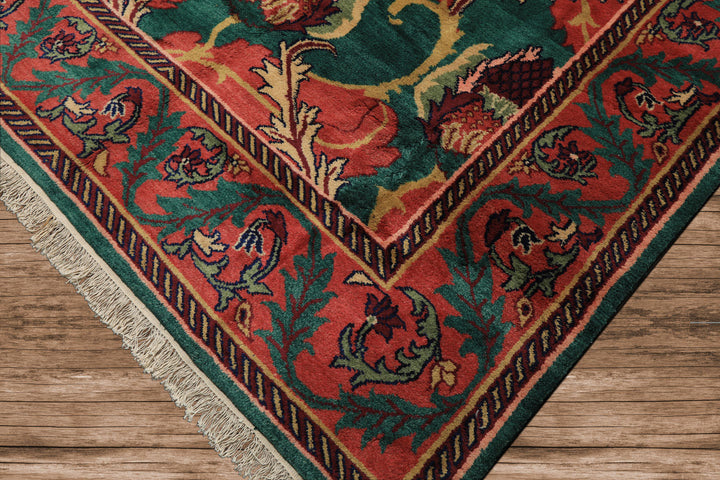 8x10 Teal-Green, Raspberry-Rose, Gold Color Hand Knotted Arts & Crafts Wool Eclectic Oriental Rug
