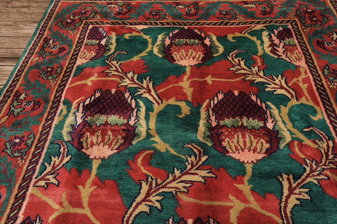 8x10 Teal-Green, Raspberry-Rose, Gold Color Hand Knotted Arts & Crafts Wool Eclectic Oriental Rug