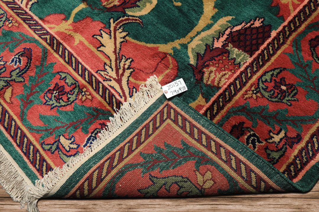 8x10 Teal-Green, Raspberry-Rose, Gold Color Hand Knotted Arts & Crafts Wool Eclectic Oriental Rug