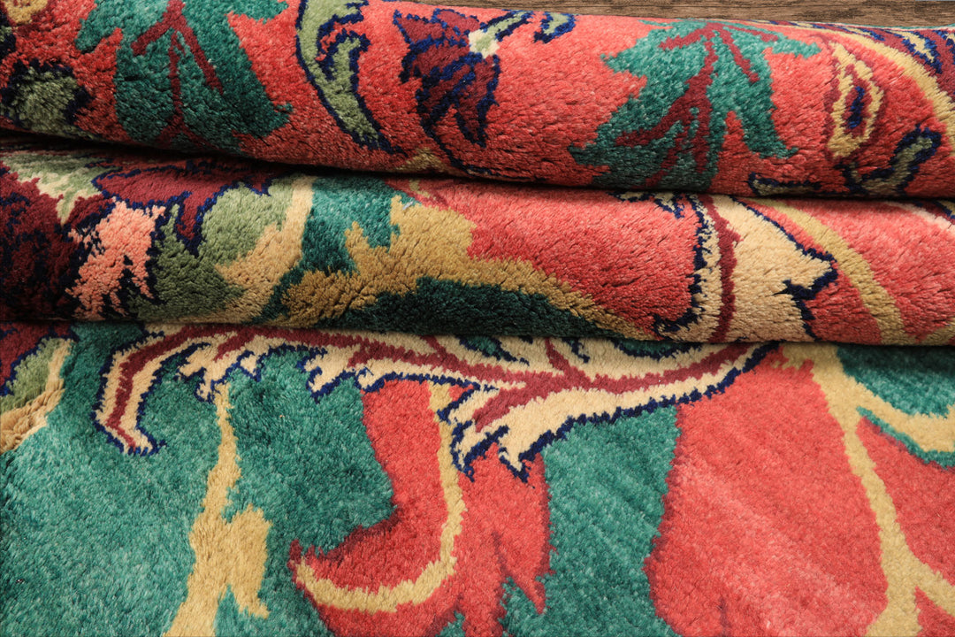 8x10 Teal-Green, Raspberry-Rose, Gold Color Hand Knotted Arts & Crafts Wool Eclectic Oriental Rug