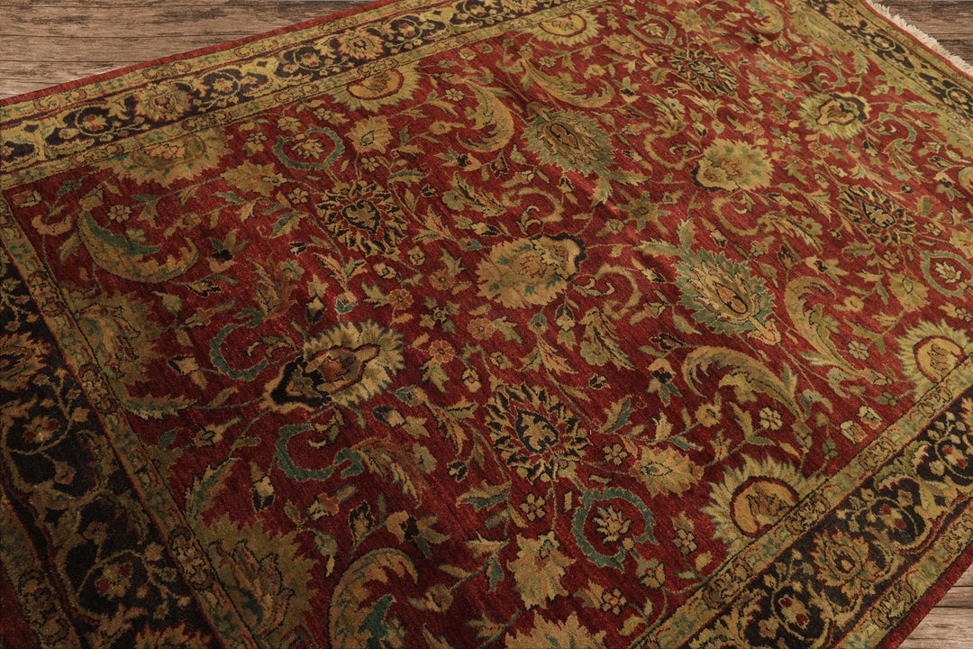 6x9 Rust, Charcoal, Gold Color Hand Knotted Agra Wool Traditional Oriental Rug