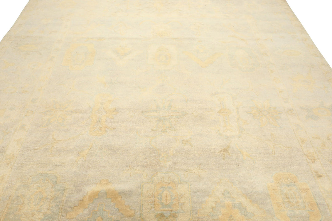8x10 Gray, Blue, Gold Color Hand Knotted Oushak New Zealand Wool Transitional Oriental Rug