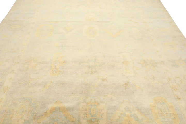 8x10 Gray, Blue, Gold Color Hand Knotted Oushak New Zealand Wool Transitional Oriental Rug