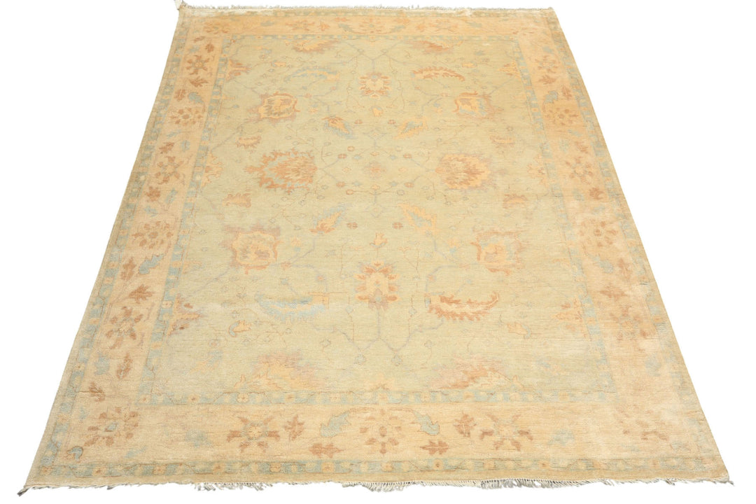 8x10 Beige, Gray, Blue Color Hand Knotted Oushak New Zealand Wool Transitional Oriental Rug