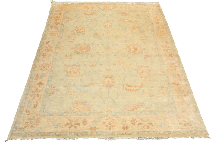 8x10 Beige, Gray, Blue Color Hand Knotted Oushak New Zealand Wool Transitional Oriental Rug