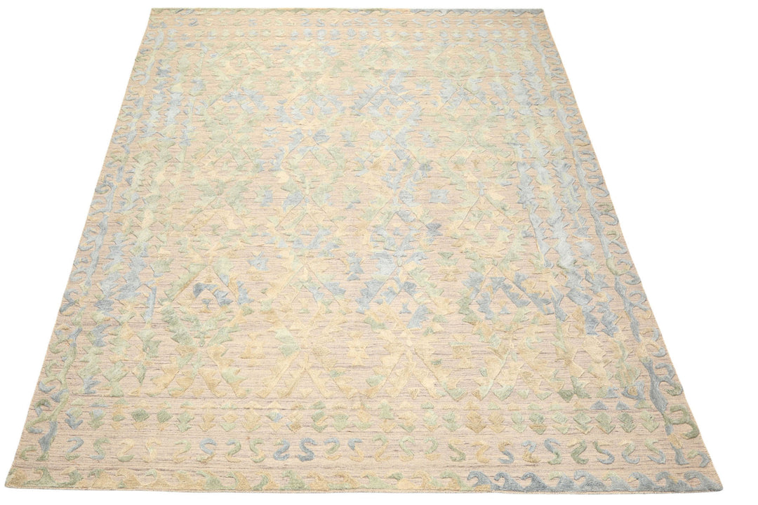 8x10 Taupe, Green, Blue Color Hand Knotted Soumak Wool Modern &amp; Contemporary Oriental Rug