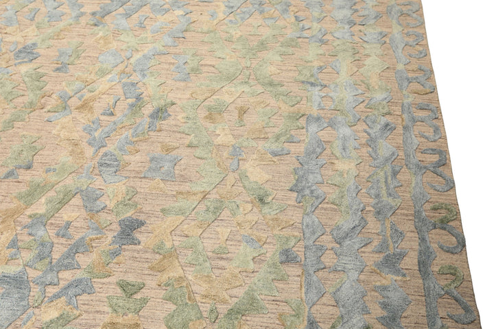 8x10 Taupe, Green, Blue Color Hand Knotted Soumak Wool Modern &amp; Contemporary Oriental Rug