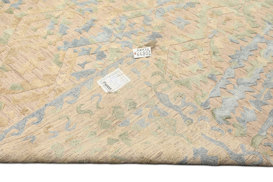 8x10 Taupe, Green, Blue Color Hand Knotted Soumak Wool Modern &amp; Contemporary Oriental Rug