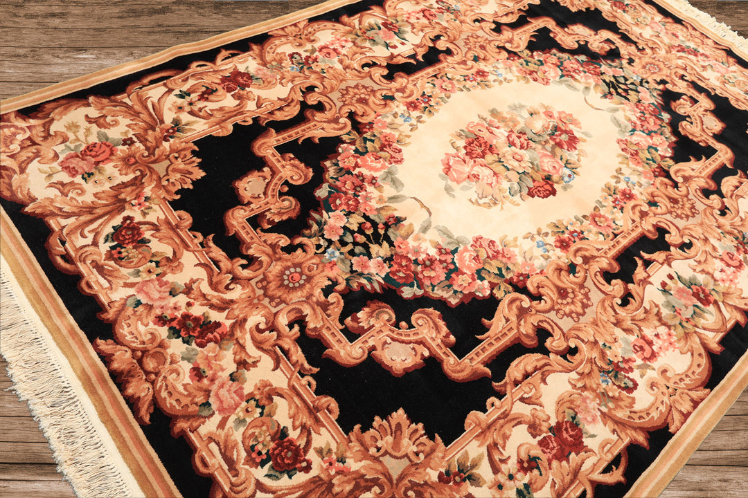 6x9 Ivory, Black, Brown Color Hand Knotted French Aubusson Savonnerie Wool Traditional Oriental Rug