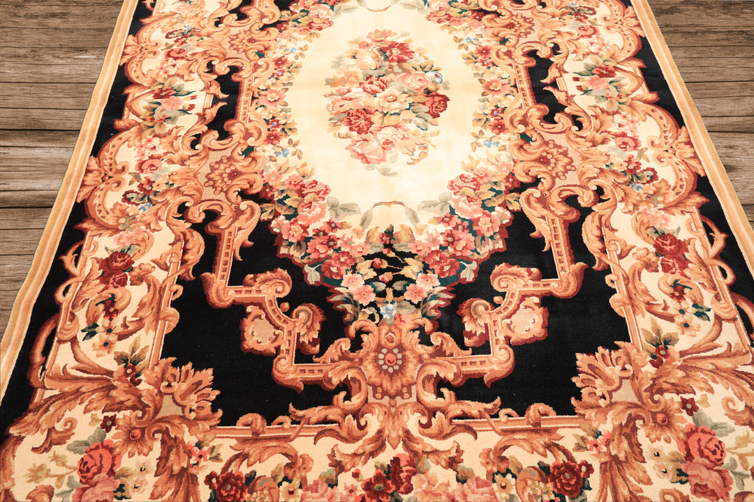 6x9 Ivory, Black, Brown Color Hand Knotted French Aubusson Savonnerie Wool Traditional Oriental Rug